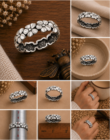 925 sterling silver floral eternity band ring