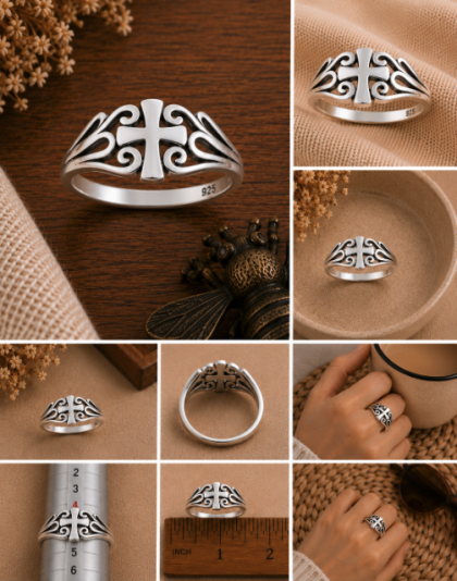 925 sterling silver cross ring with scrollwork