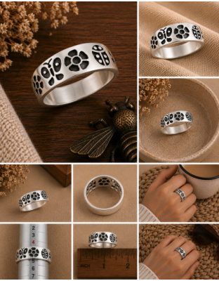 925 sterling silver ladybug and flower band ring